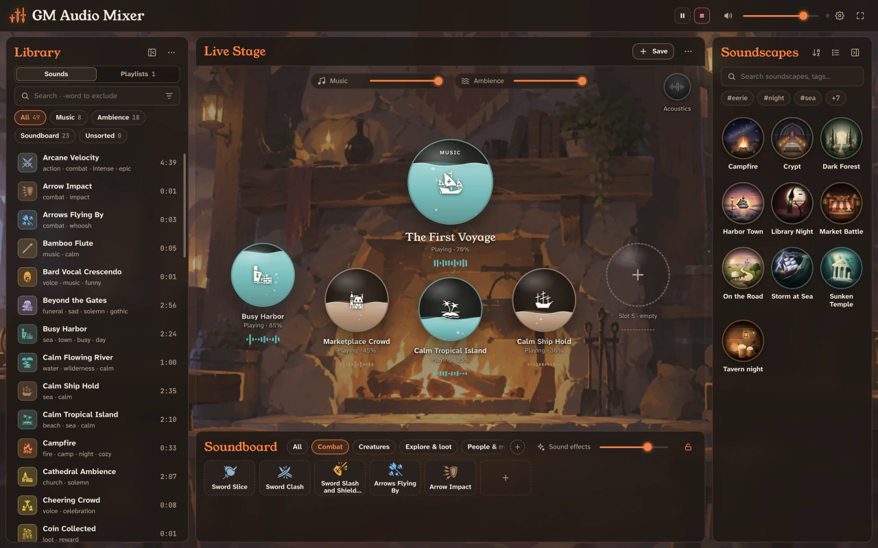 GM Audio Mixer with music and ambience controls, saved soundscapes and a soundboard in one window.